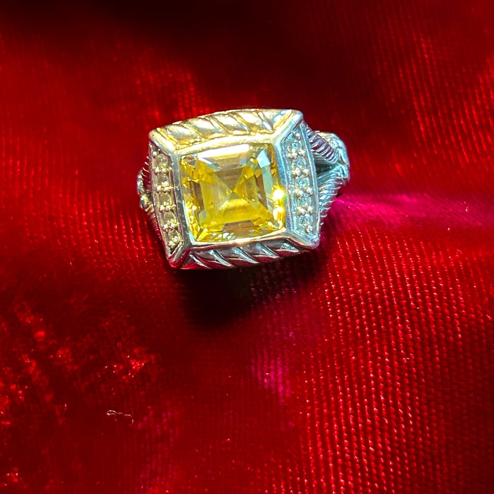 Judith Ripka rare asscher cut canary yellow crystal and CZ ring size 6